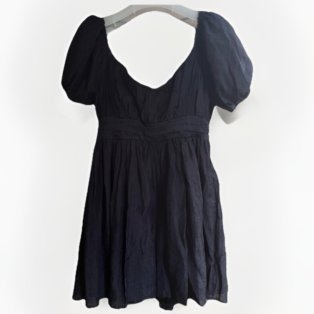 &merci Crinkle Babydoll Mini Dress High Waist Black Fit & Flair Puff Sleeve L